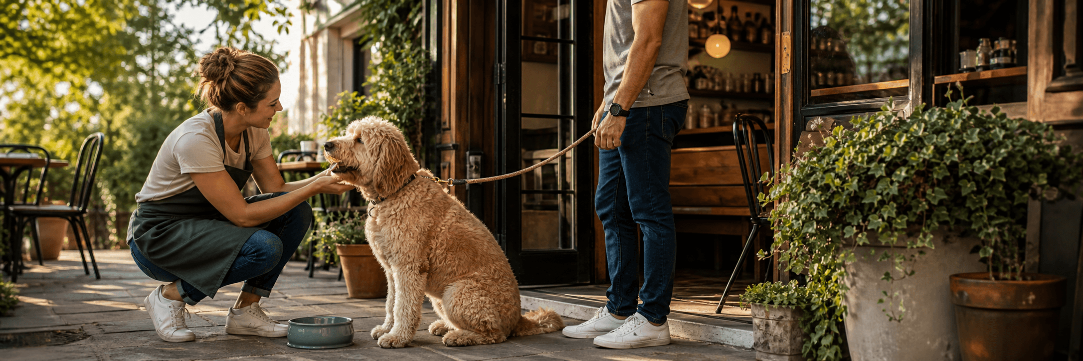 Local café staff welcoming a Golden Doodle and pet parent with a water bowl